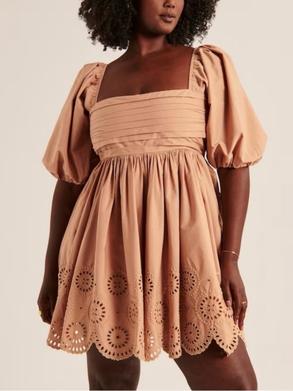 Abercrombie Emerson Poplin Puff Sleeve Mini Dress Eyelet Romantic Taupe XLT